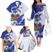 Custom Haiti Football Family Matching Off The Shoulder Long Sleeve Dress and Hawaiian Shirt Les Grenadiers Blue Grunge Polynesian Tattoo - Wonder Print Shop