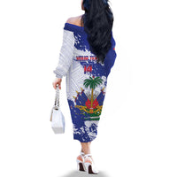 Custom Haiti Football Family Matching Off The Shoulder Long Sleeve Dress and Hawaiian Shirt Les Grenadiers Blue Grunge Polynesian Tattoo - Wonder Print Shop