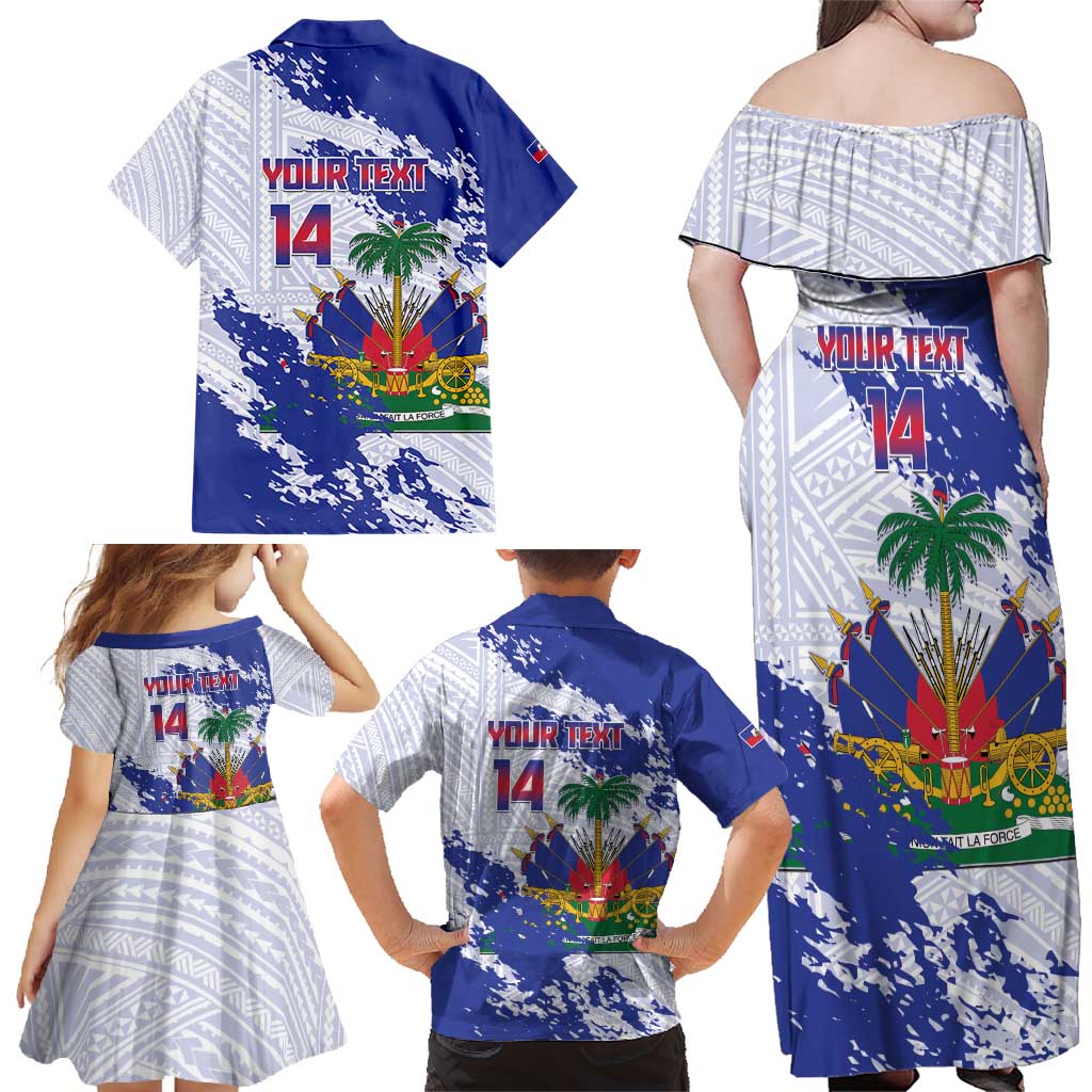 Custom Haiti Football Family Matching Off Shoulder Maxi Dress and Hawaiian Shirt Les Grenadiers Blue Grunge Polynesian Tattoo - Wonder Print Shop