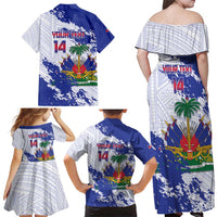 Custom Haiti Football Family Matching Off Shoulder Maxi Dress and Hawaiian Shirt Les Grenadiers Blue Grunge Polynesian Tattoo - Wonder Print Shop