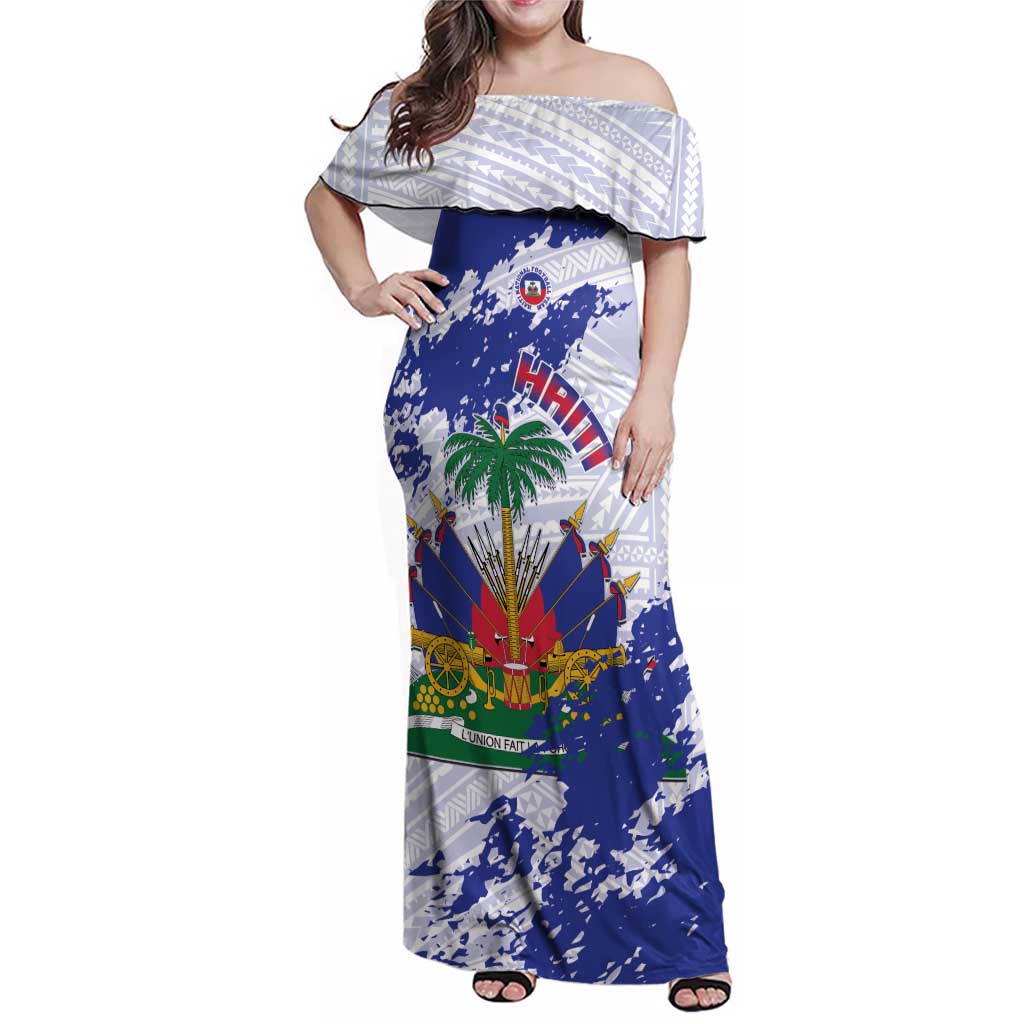 Custom Haiti Football Family Matching Off Shoulder Maxi Dress and Hawaiian Shirt Les Grenadiers Blue Grunge Polynesian Tattoo - Wonder Print Shop