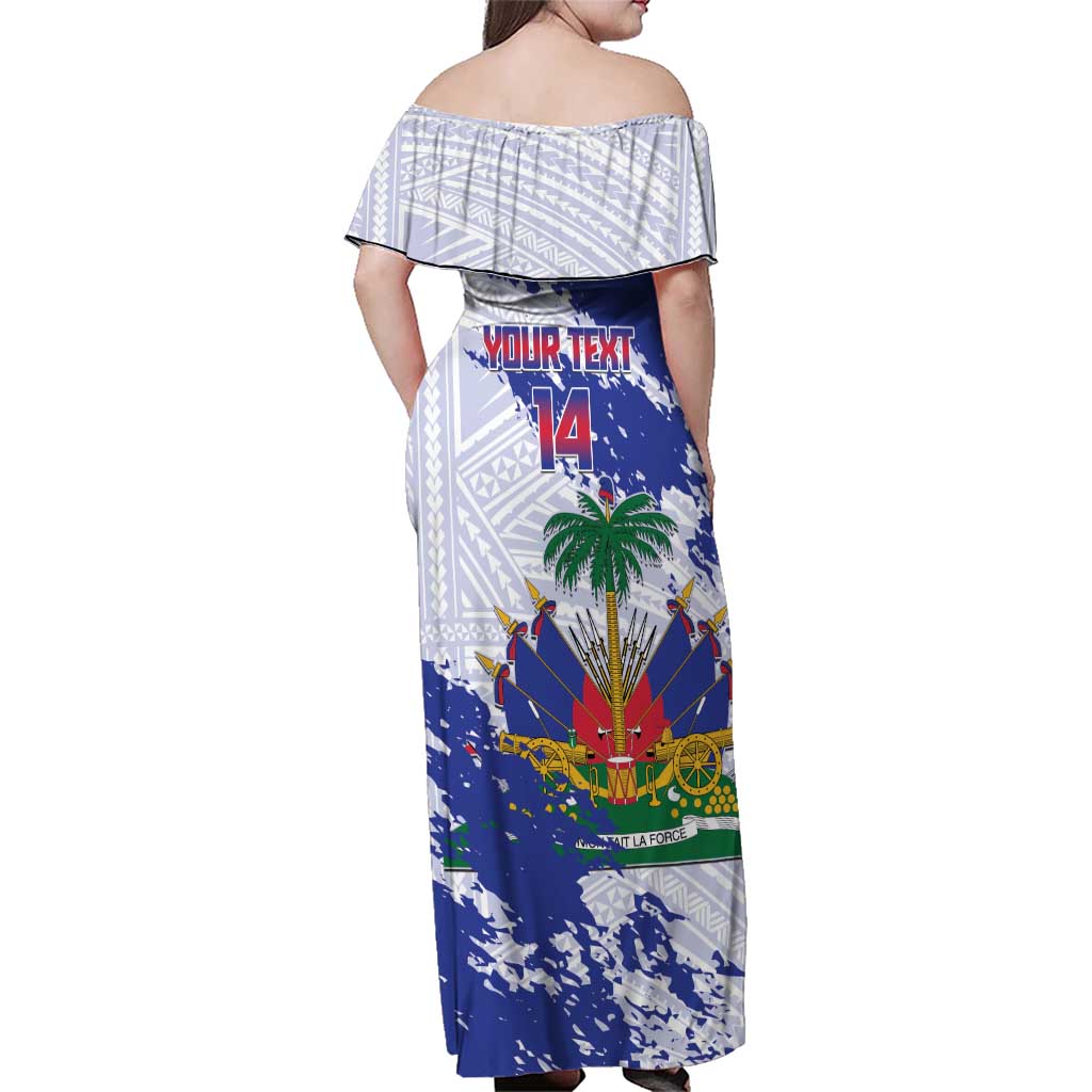 Custom Haiti Football Family Matching Off Shoulder Maxi Dress and Hawaiian Shirt Les Grenadiers Blue Grunge Polynesian Tattoo - Wonder Print Shop