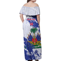 Custom Haiti Football Family Matching Off Shoulder Maxi Dress and Hawaiian Shirt Les Grenadiers Blue Grunge Polynesian Tattoo - Wonder Print Shop