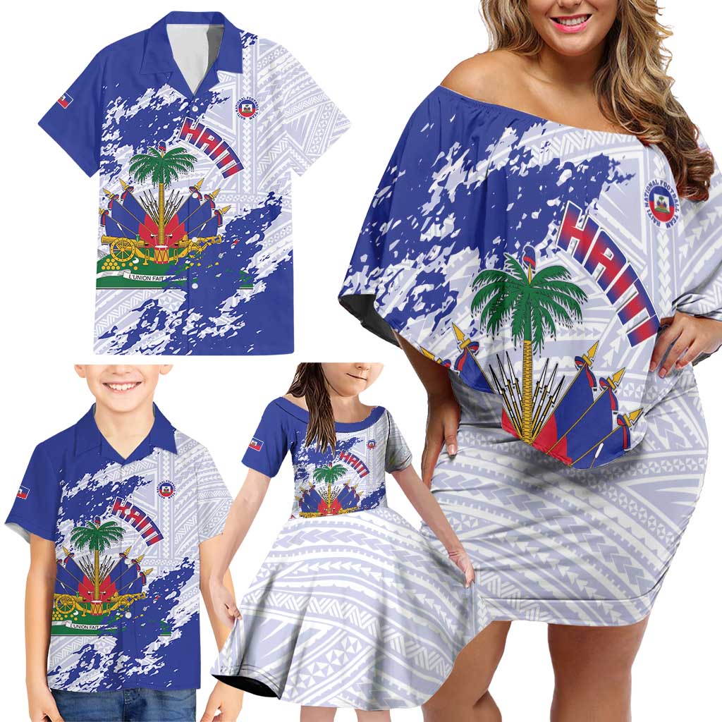 Custom Haiti Football Family Matching Off Shoulder Short Dress and Hawaiian Shirt Les Grenadiers Blue Grunge Polynesian Tattoo - Wonder Print Shop
