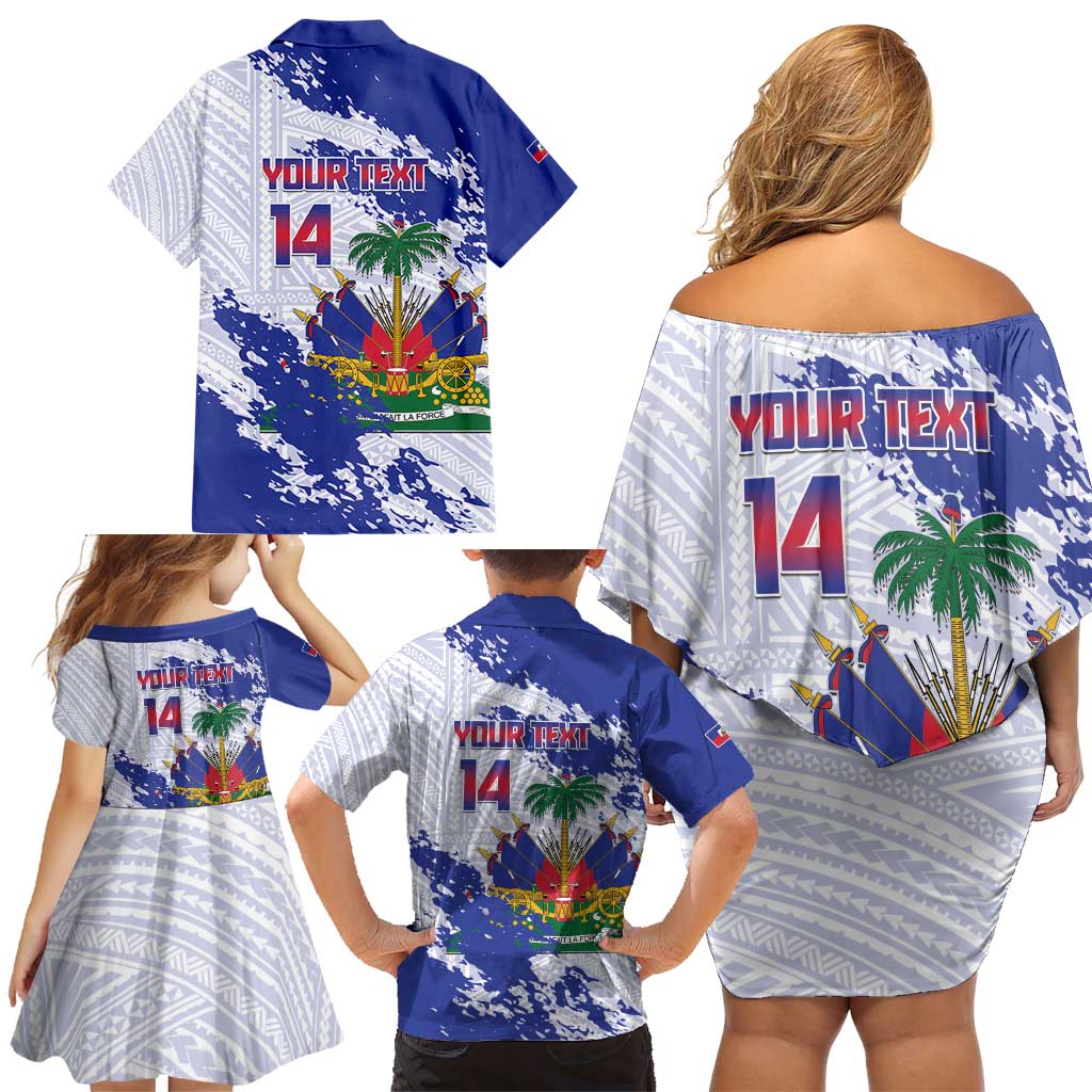 Custom Haiti Football Family Matching Off Shoulder Short Dress and Hawaiian Shirt Les Grenadiers Blue Grunge Polynesian Tattoo - Wonder Print Shop
