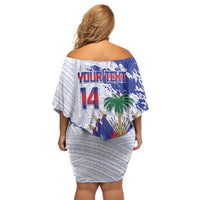 Custom Haiti Football Family Matching Off Shoulder Short Dress and Hawaiian Shirt Les Grenadiers Blue Grunge Polynesian Tattoo - Wonder Print Shop