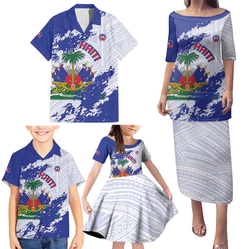Custom Haiti Football Family Matching Puletasi and Hawaiian Shirt Les Grenadiers Blue Grunge Polynesian Tattoo - Wonder Print Shop