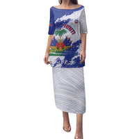 Custom Haiti Football Family Matching Puletasi and Hawaiian Shirt Les Grenadiers Blue Grunge Polynesian Tattoo - Wonder Print Shop