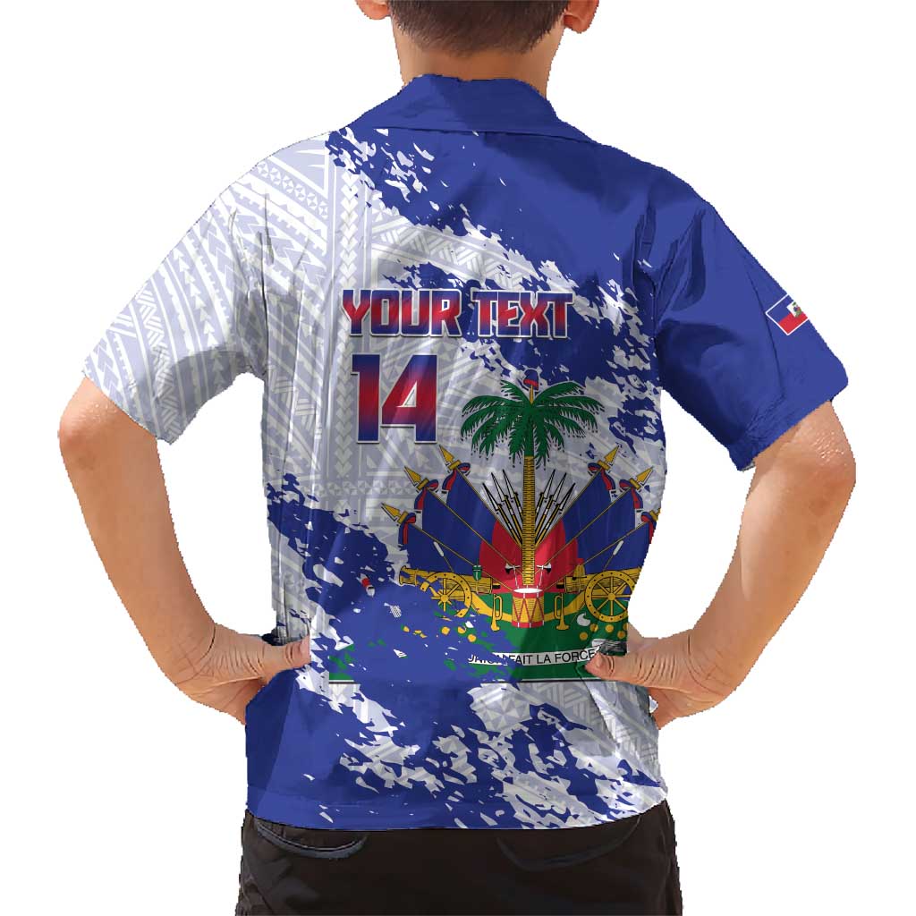 Custom Haiti Football Family Matching Short Sleeve Bodycon Dress and Hawaiian Shirt Les Grenadiers Blue Grunge Polynesian Tattoo - Wonder Print Shop