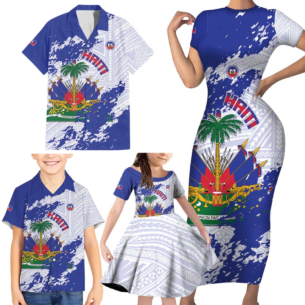 Custom Haiti Football Family Matching Short Sleeve Bodycon Dress and Hawaiian Shirt Les Grenadiers Blue Grunge Polynesian Tattoo - Wonder Print Shop