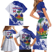 Custom Haiti Football Family Matching Short Sleeve Bodycon Dress and Hawaiian Shirt Les Grenadiers Blue Grunge Polynesian Tattoo - Wonder Print Shop
