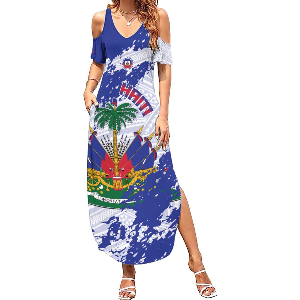 Custom Haiti Football Family Matching Summer Maxi Dress and Hawaiian Shirt Les Grenadiers Blue Grunge Polynesian Tattoo - Wonder Print Shop