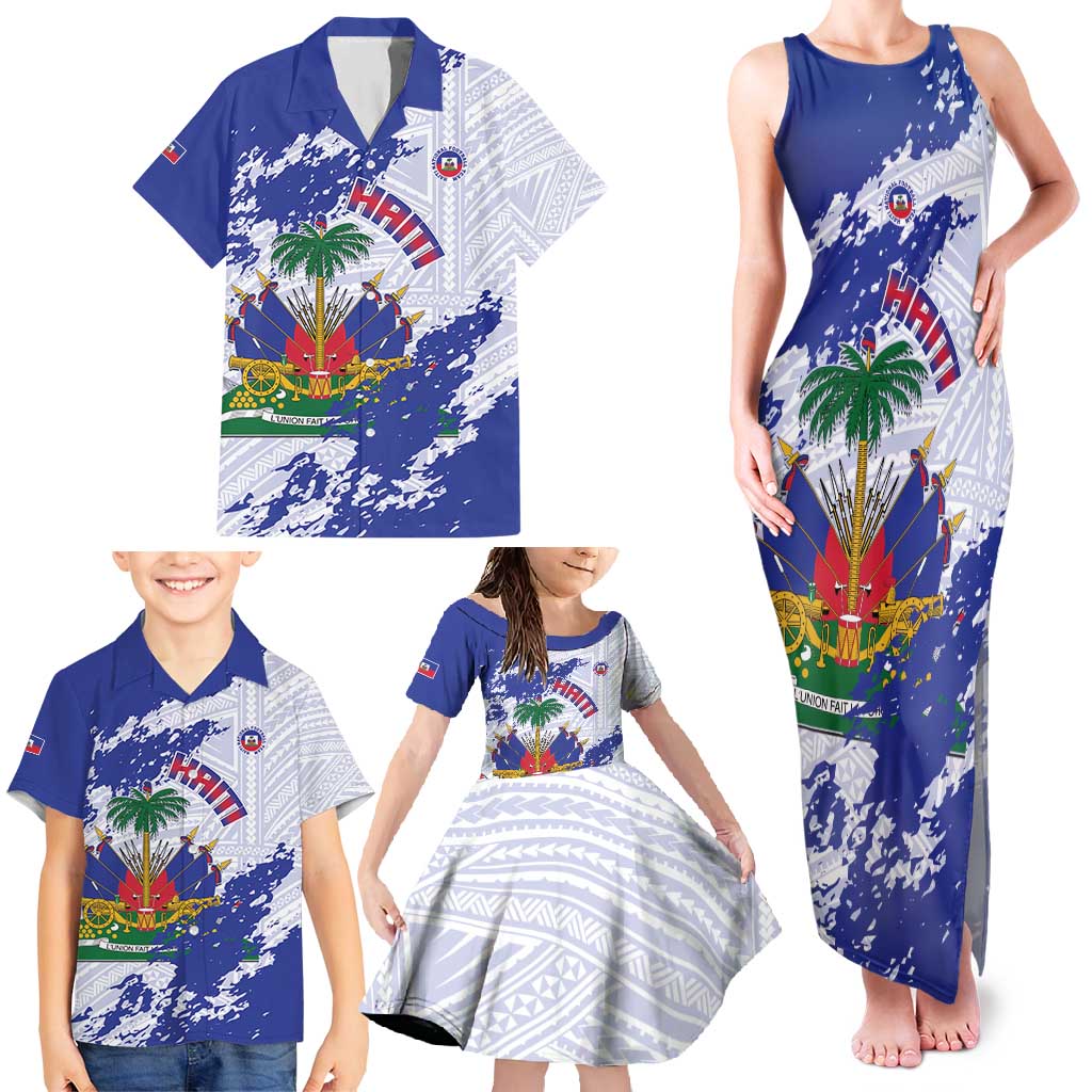 Custom Haiti Football Family Matching Tank Maxi Dress and Hawaiian Shirt Les Grenadiers Blue Grunge Polynesian Tattoo - Wonder Print Shop