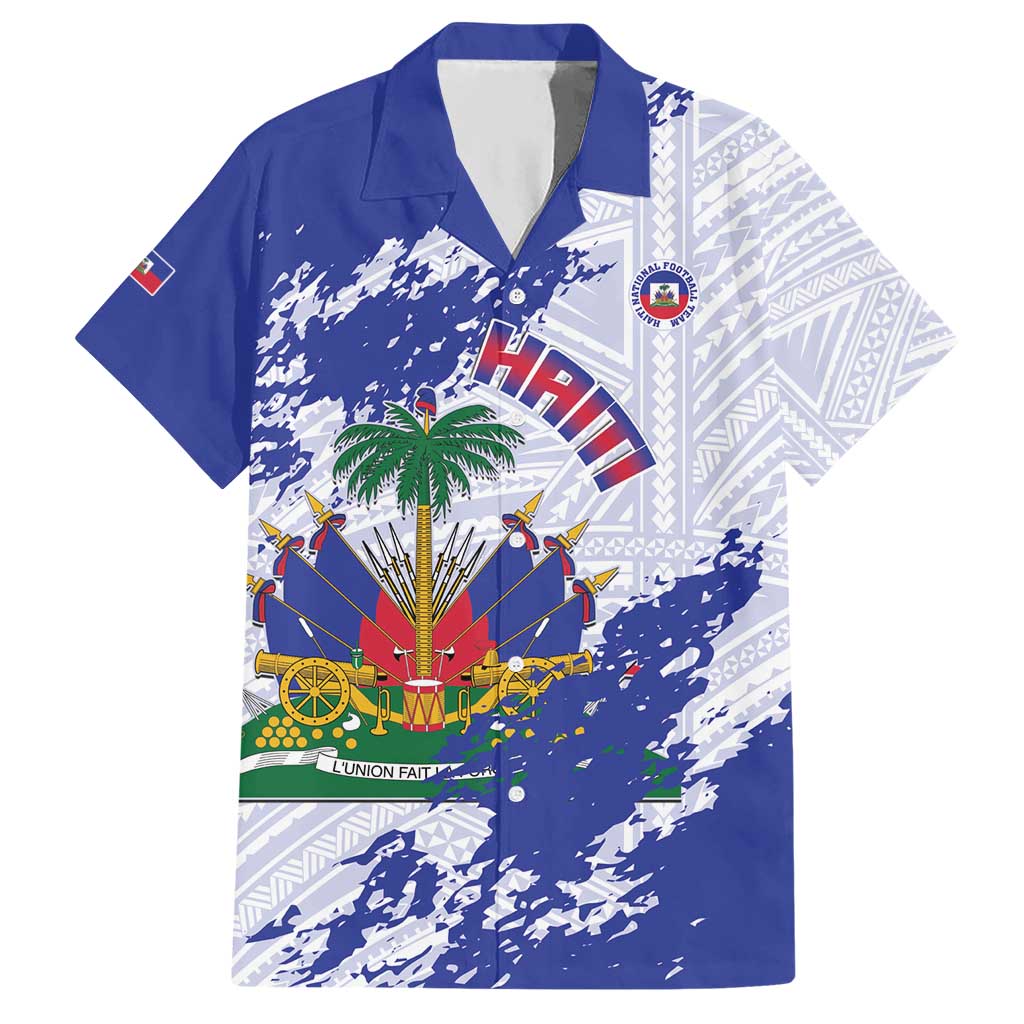 Custom Haiti Football Hawaiian Shirt Les Grenadiers Blue Grunge Polynesian Tattoo - Wonder Print Shop