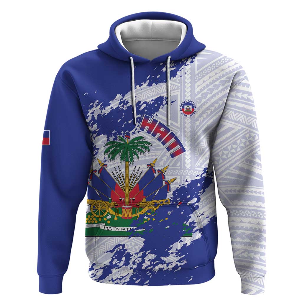 Custom Haiti Football Hoodie Les Grenadiers Blue Grunge Polynesian Tattoo - Wonder Print Shop