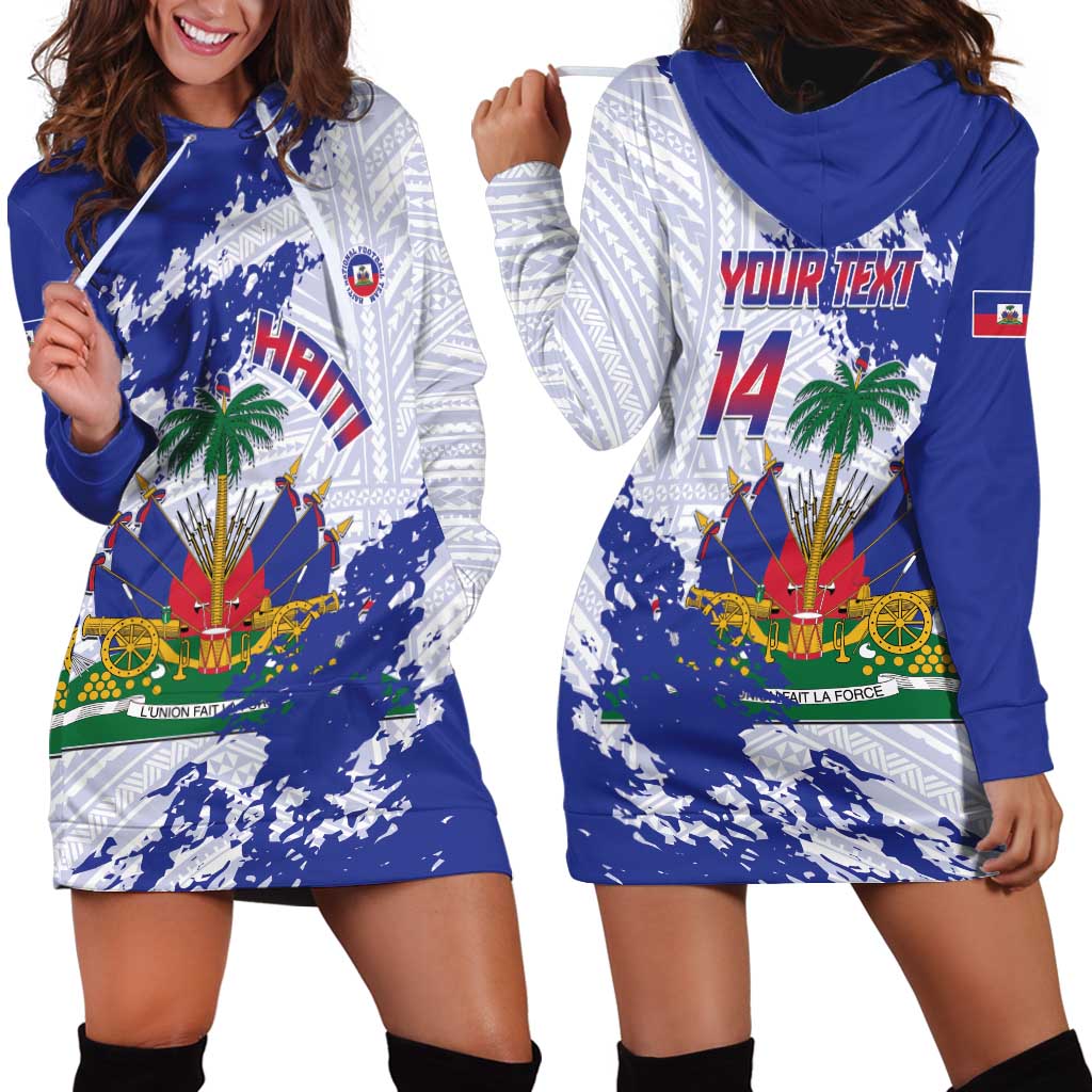 Custom Haiti Football Hoodie Dress Les Grenadiers Blue Grunge Polynesian Tattoo - Wonder Print Shop