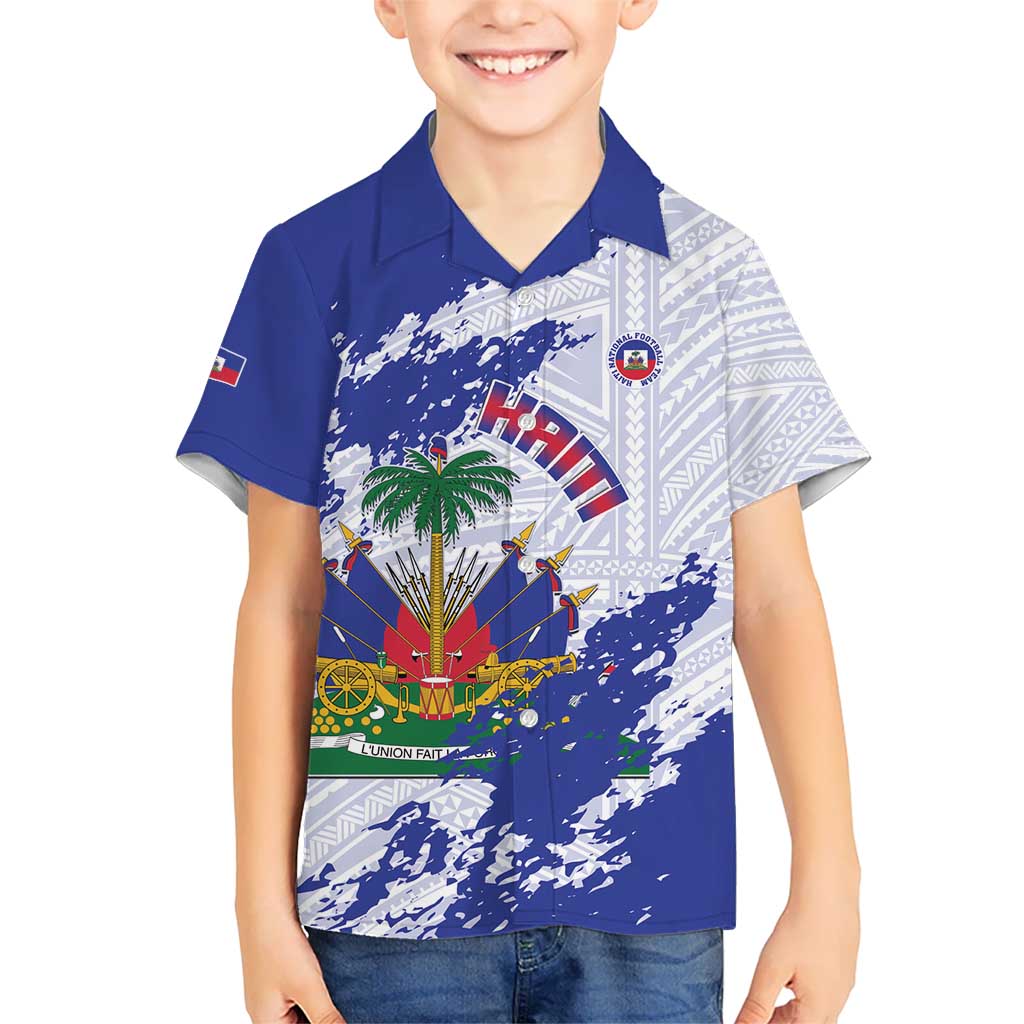 Custom Haiti Football Kid Hawaiian Shirt Les Grenadiers Blue Grunge Polynesian Tattoo - Wonder Print Shop