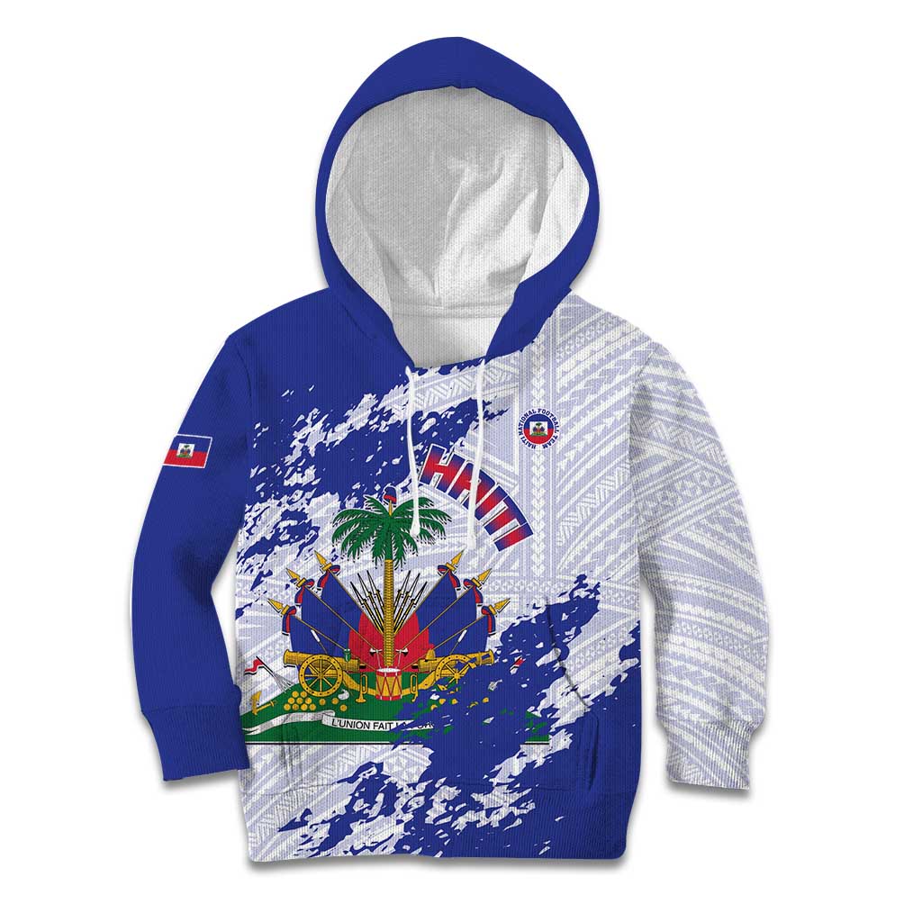 Custom Haiti Football Kid Hoodie Les Grenadiers Blue Grunge Polynesian Tattoo - Wonder Print Shop