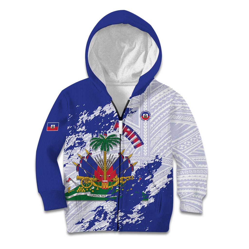 Custom Haiti Football Kid Hoodie Les Grenadiers Blue Grunge Polynesian Tattoo - Wonder Print Shop