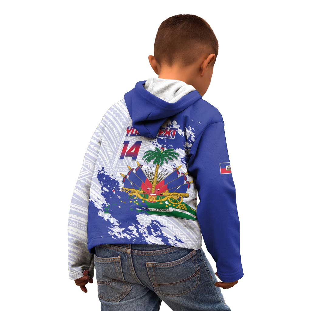 Custom Haiti Football Kid Hoodie Les Grenadiers Blue Grunge Polynesian Tattoo - Wonder Print Shop