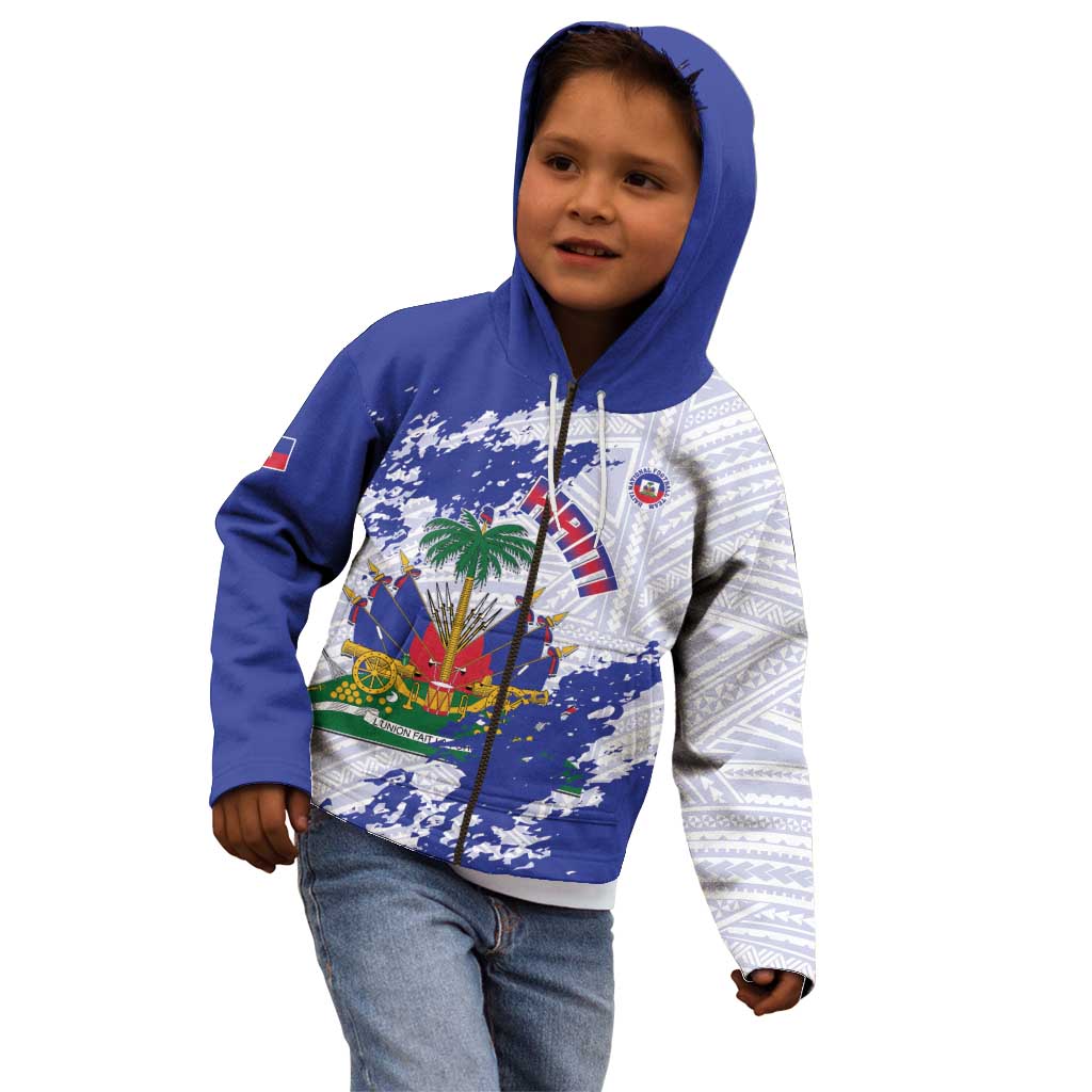 Custom Haiti Football Kid Hoodie Les Grenadiers Blue Grunge Polynesian Tattoo - Wonder Print Shop