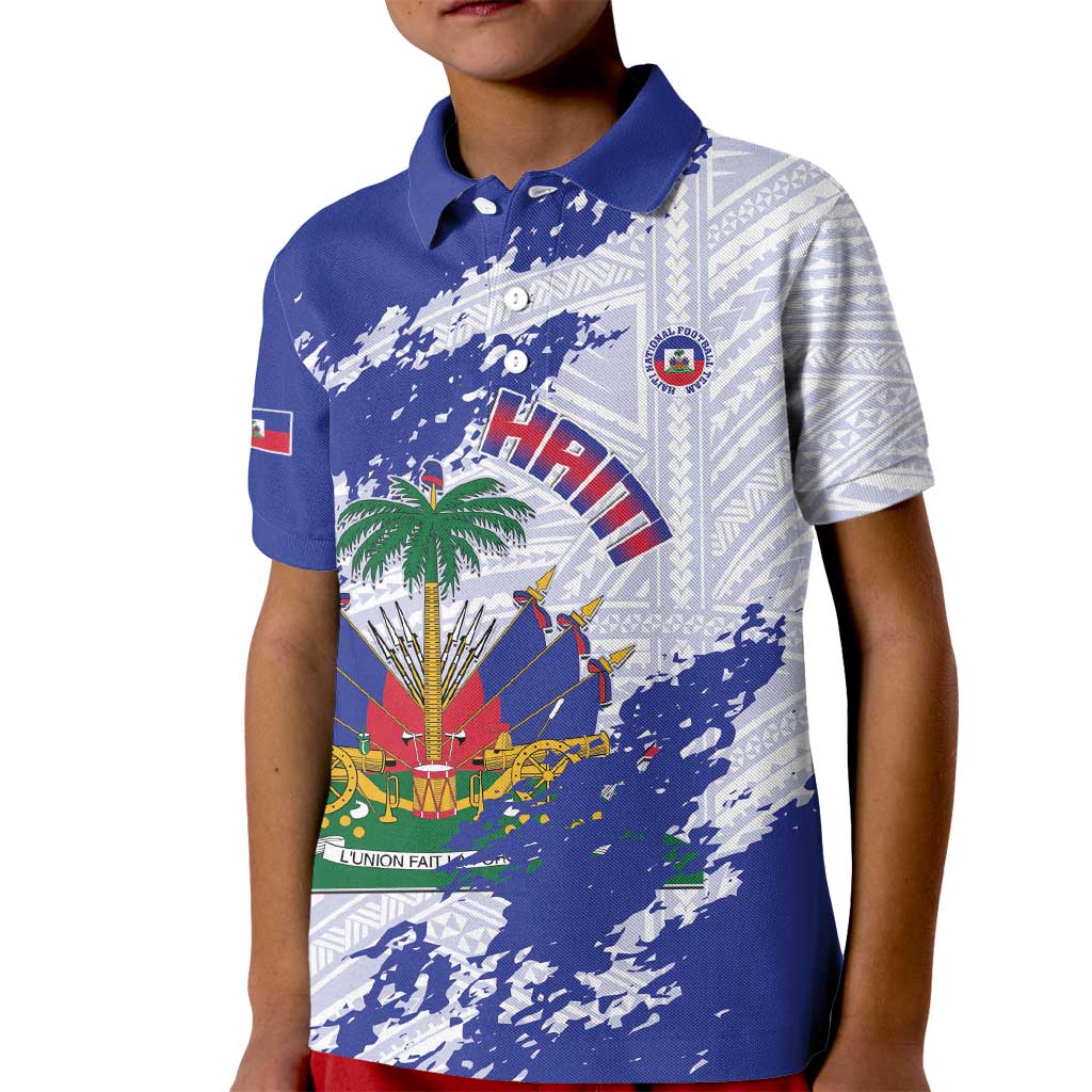 Custom Haiti Football Kid Polo Shirt Les Grenadiers Blue Grunge Polynesian Tattoo - Wonder Print Shop