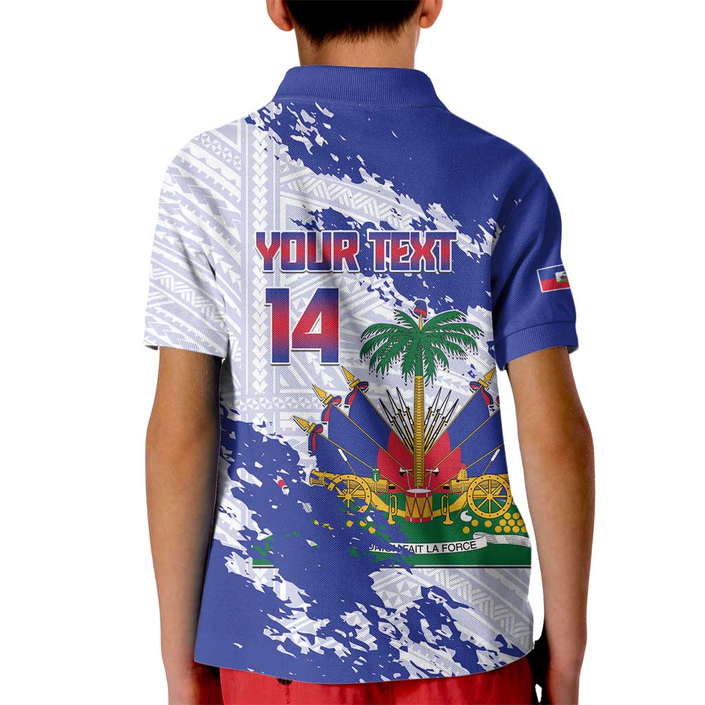 Custom Haiti Football Kid Polo Shirt Les Grenadiers Blue Grunge Polynesian Tattoo - Wonder Print Shop