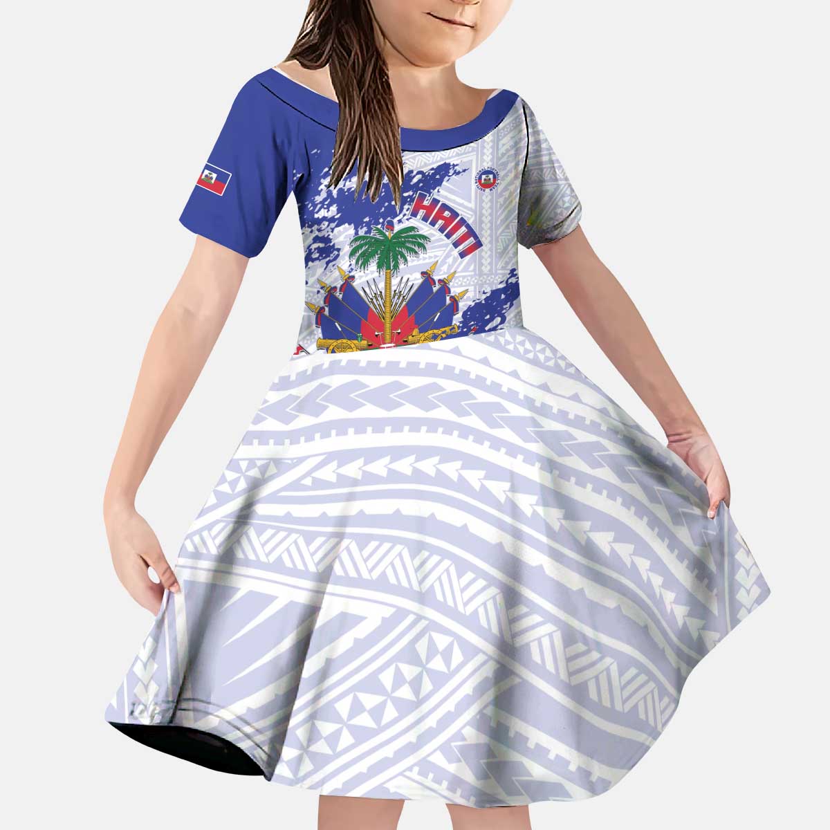 Custom Haiti Football Kid Short Sleeve Dress Les Grenadiers Blue Grunge Polynesian Tattoo - Wonder Print Shop