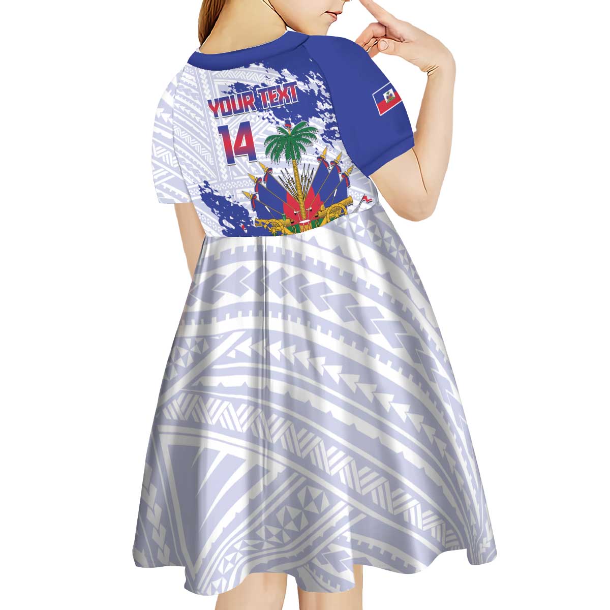 Custom Haiti Football Kid Short Sleeve Dress Les Grenadiers Blue Grunge Polynesian Tattoo - Wonder Print Shop