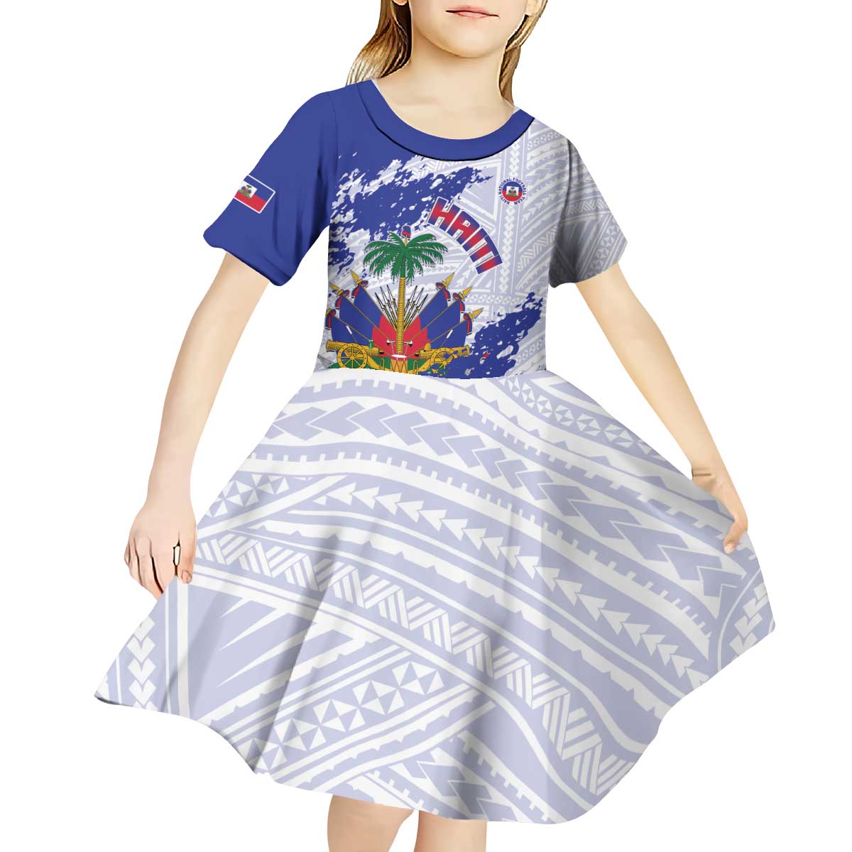 Custom Haiti Football Kid Short Sleeve Dress Les Grenadiers Blue Grunge Polynesian Tattoo - Wonder Print Shop