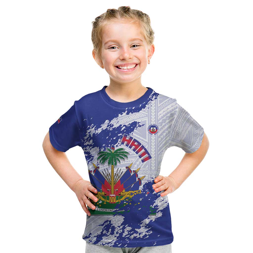 Custom Haiti Football Kid T Shirt Les Grenadiers Blue Grunge Polynesian Tattoo - Wonder Print Shop