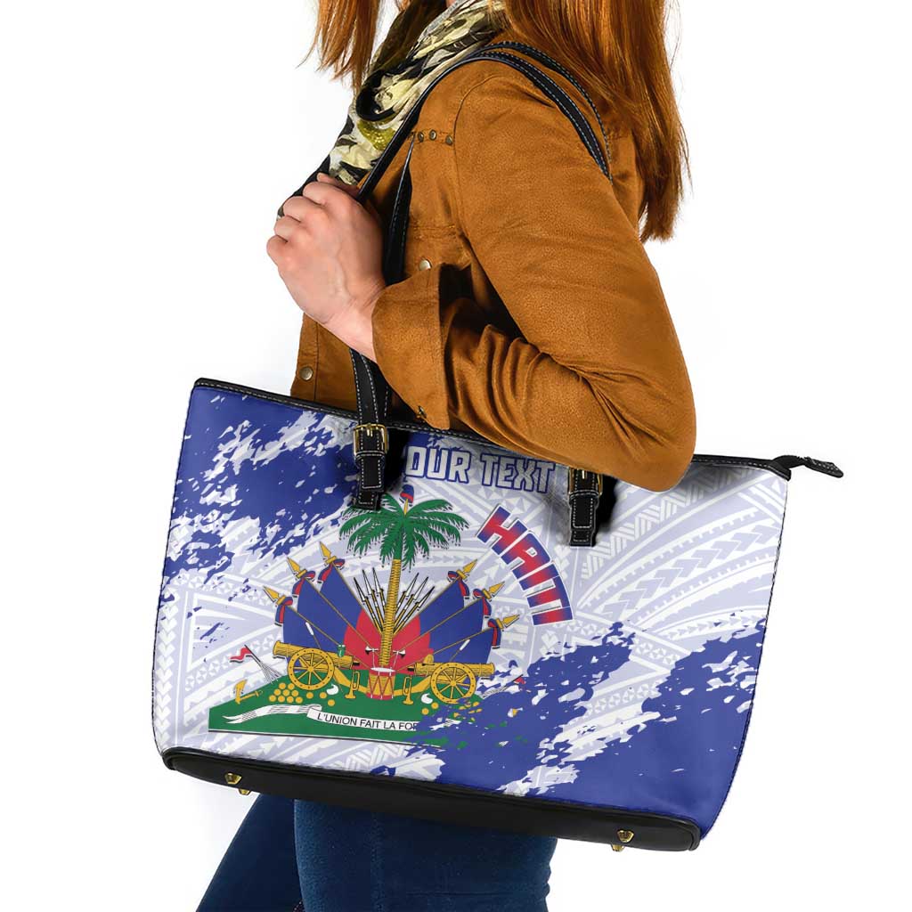 Custom Haiti Football Leather Tote Bag Les Grenadiers Blue Grunge Polynesian Tattoo - Wonder Print Shop