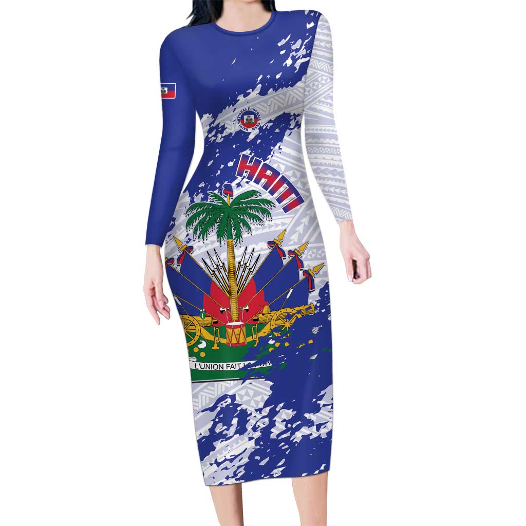 Custom Haiti Football Long Sleeve Bodycon Dress Les Grenadiers Blue Grunge Polynesian Tattoo - Wonder Print Shop