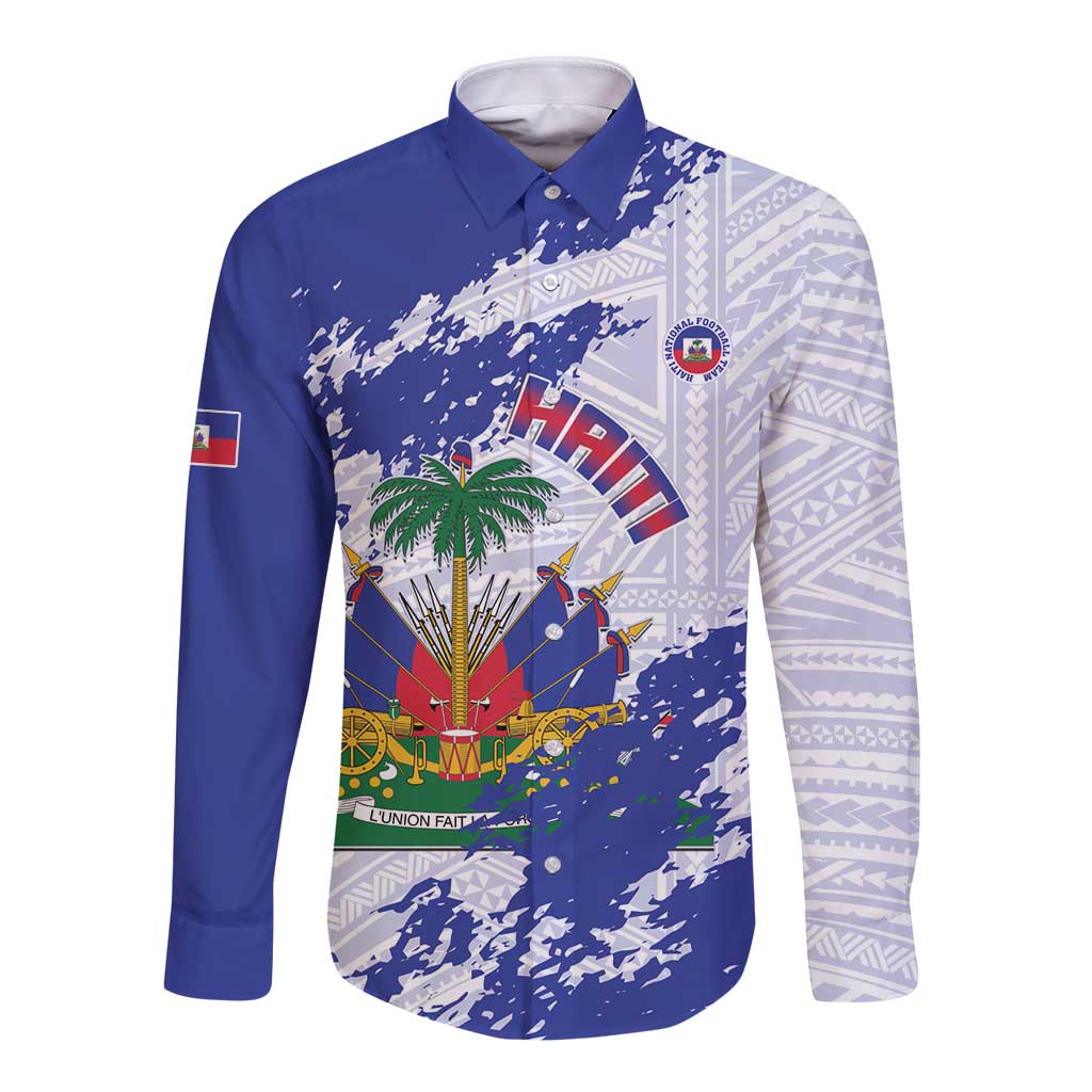 Custom Haiti Football Long Sleeve Button Shirt Les Grenadiers Blue Grunge Polynesian Tattoo - Wonder Print Shop