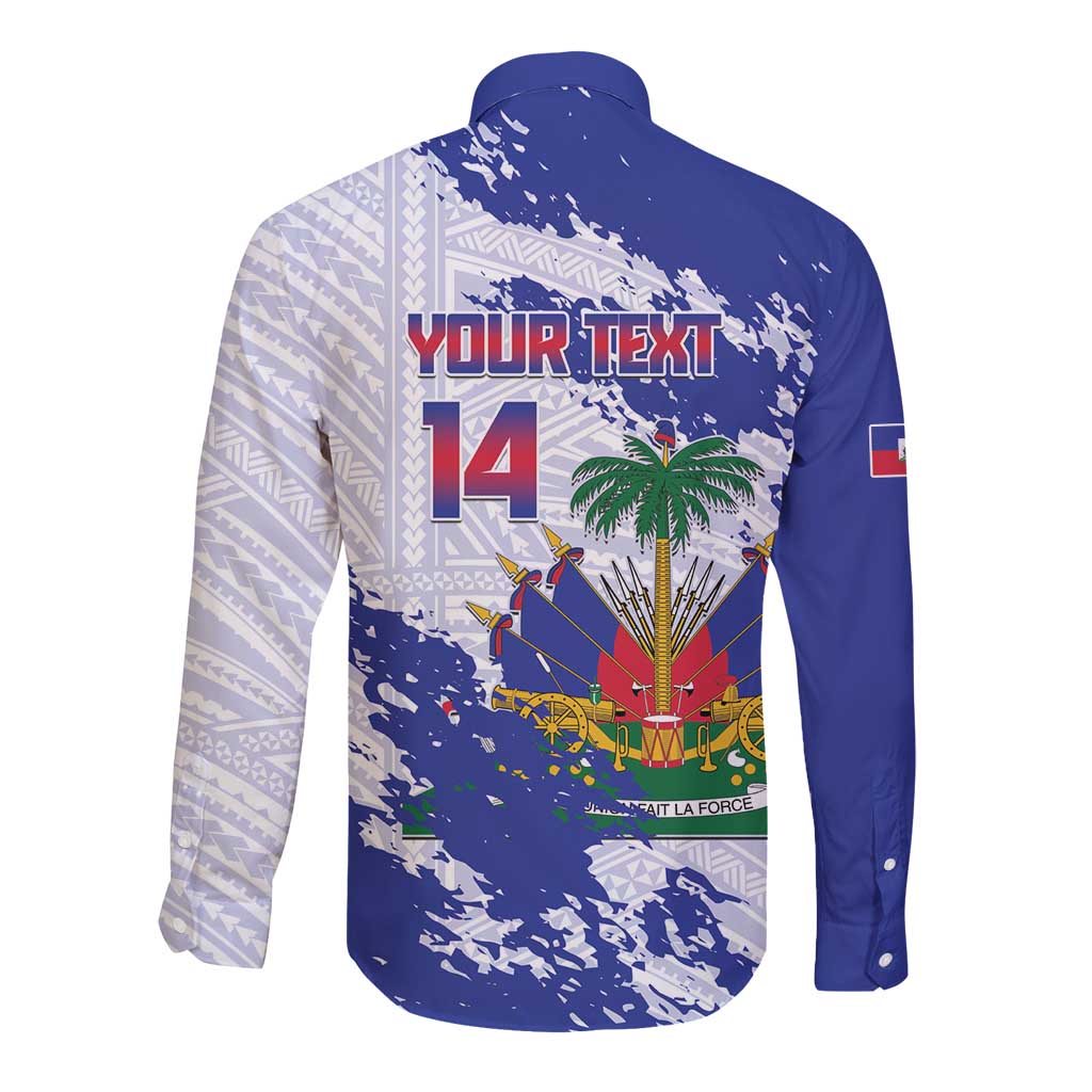 Custom Haiti Football Long Sleeve Button Shirt Les Grenadiers Blue Grunge Polynesian Tattoo - Wonder Print Shop