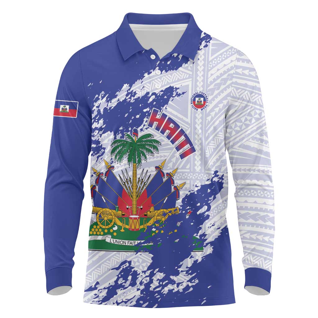 Custom Haiti Football Long Sleeve Polo Shirt Les Grenadiers Blue Grunge Polynesian Tattoo - Wonder Print Shop