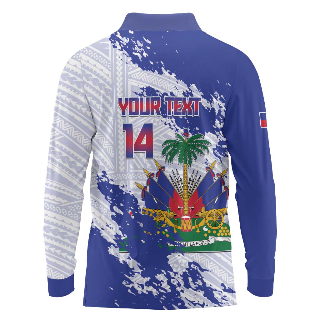 Custom Haiti Football Long Sleeve Polo Shirt Les Grenadiers Blue Grunge Polynesian Tattoo - Wonder Print Shop