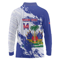 Custom Haiti Football Long Sleeve Polo Shirt Les Grenadiers Blue Grunge Polynesian Tattoo - Wonder Print Shop