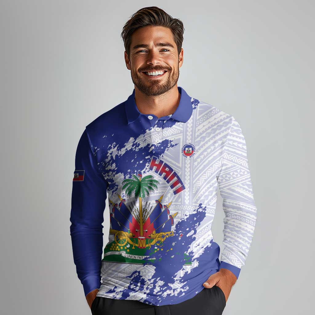 Custom Haiti Football Long Sleeve Polo Shirt Les Grenadiers Blue Grunge Polynesian Tattoo - Wonder Print Shop