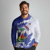 Custom Haiti Football Long Sleeve Polo Shirt Les Grenadiers Blue Grunge Polynesian Tattoo - Wonder Print Shop