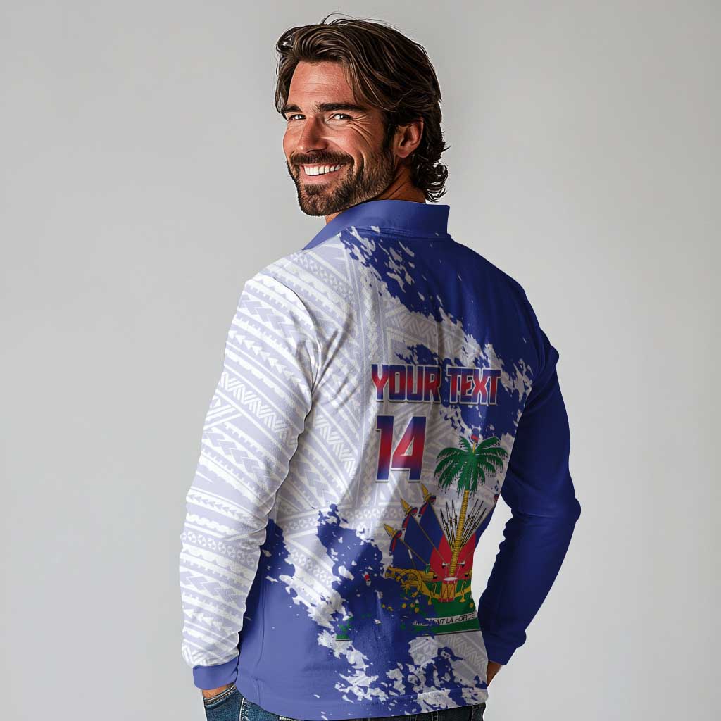 Custom Haiti Football Long Sleeve Polo Shirt Les Grenadiers Blue Grunge Polynesian Tattoo - Wonder Print Shop