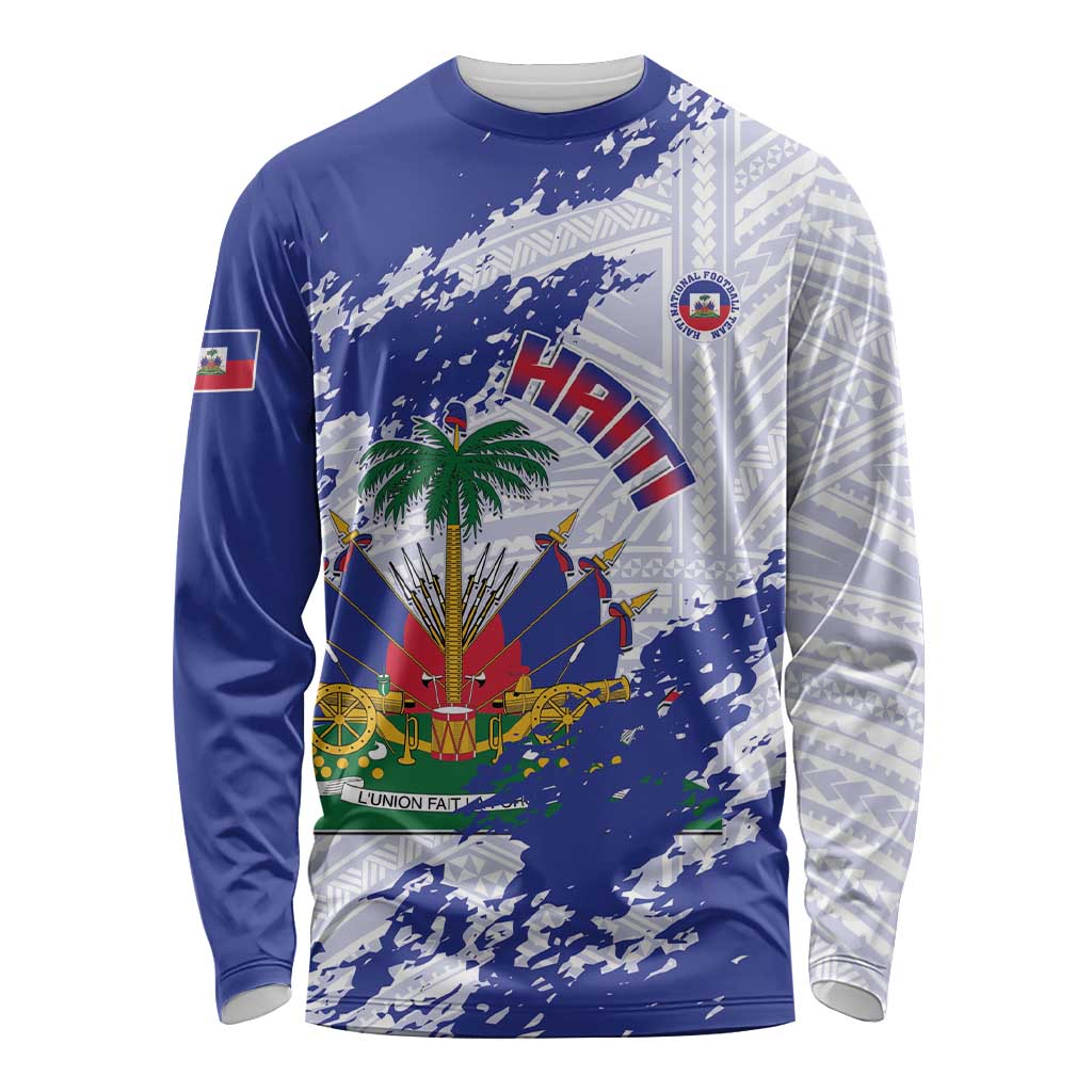 Custom Haiti Football Long Sleeve Shirt Les Grenadiers Blue Grunge Polynesian Tattoo - Wonder Print Shop