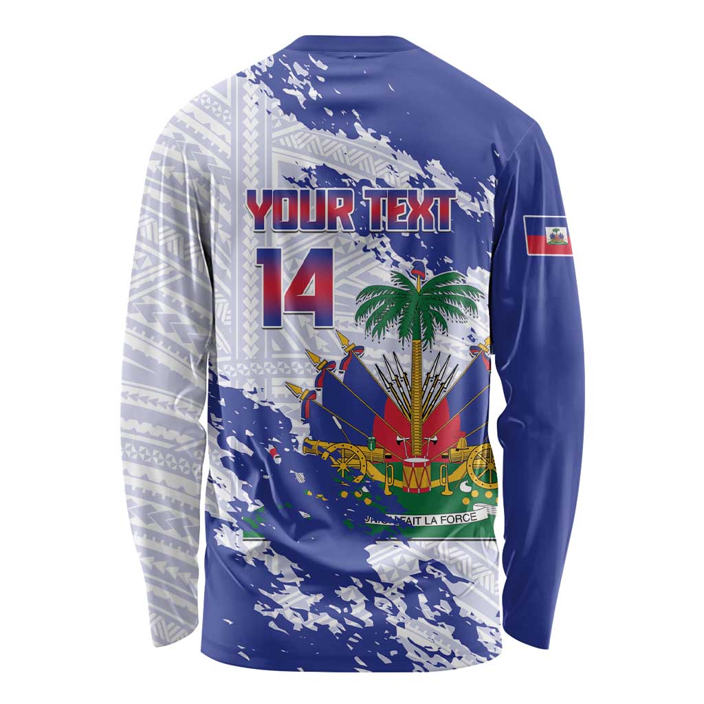 Custom Haiti Football Long Sleeve Shirt Les Grenadiers Blue Grunge Polynesian Tattoo - Wonder Print Shop