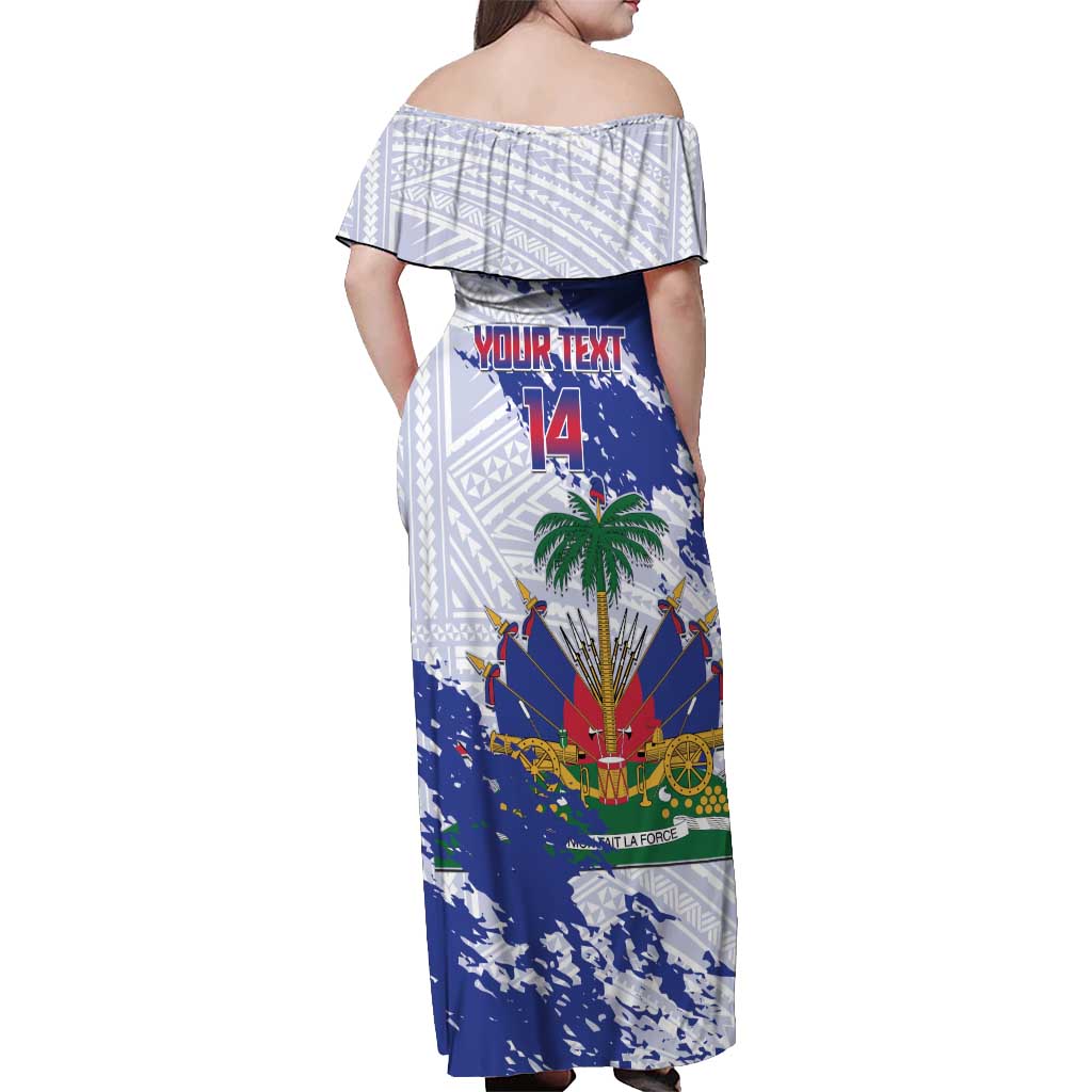 Custom Haiti Football Off Shoulder Maxi Dress Les Grenadiers Blue Grunge Polynesian Tattoo - Wonder Print Shop