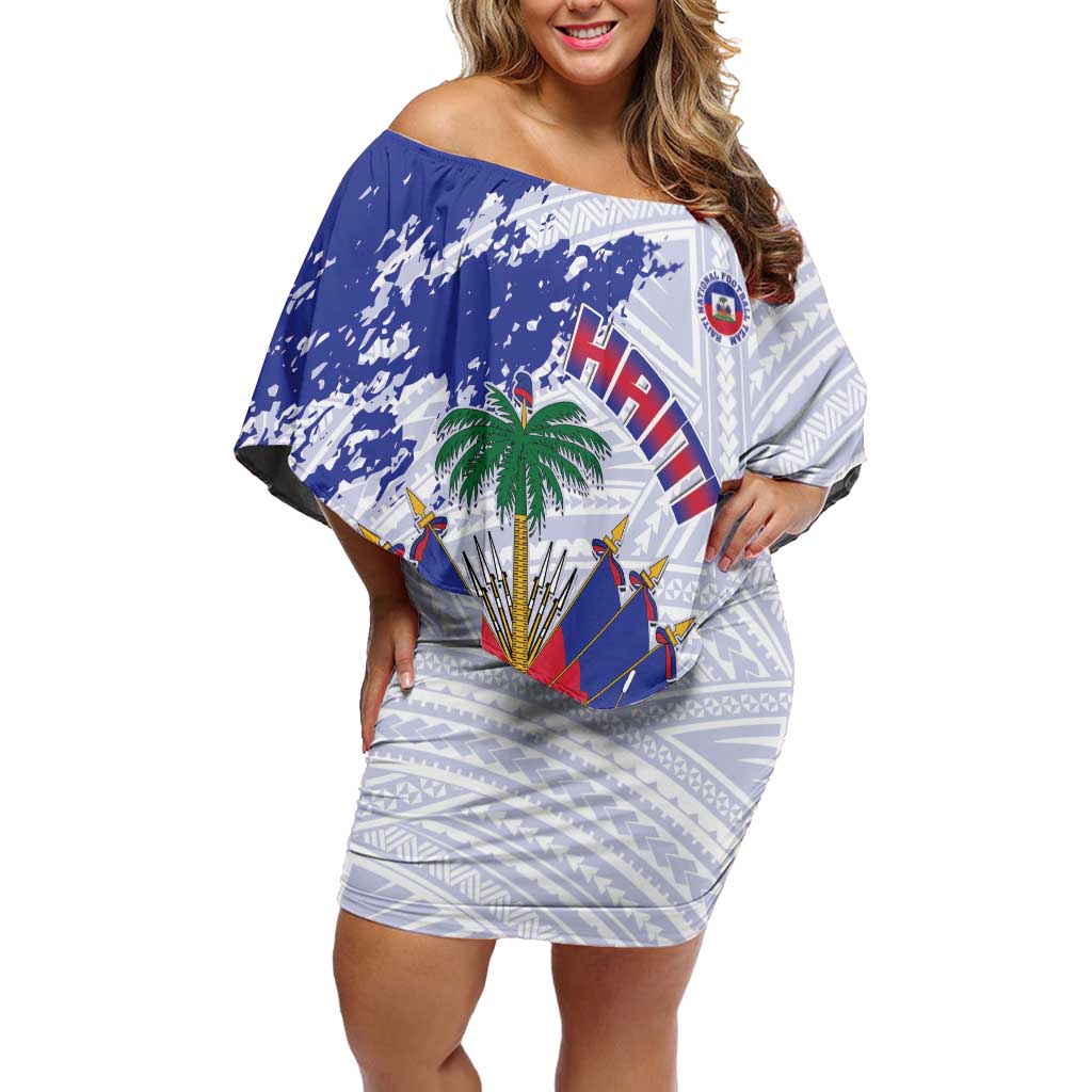 Custom Haiti Football Off Shoulder Short Dress Les Grenadiers Blue Grunge Polynesian Tattoo - Wonder Print Shop