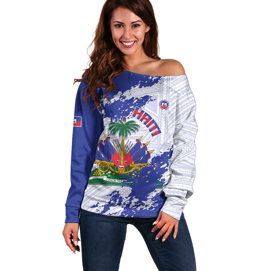 Custom Haiti Football Off Shoulder Sweater Les Grenadiers Blue Grunge Polynesian Tattoo - Wonder Print Shop