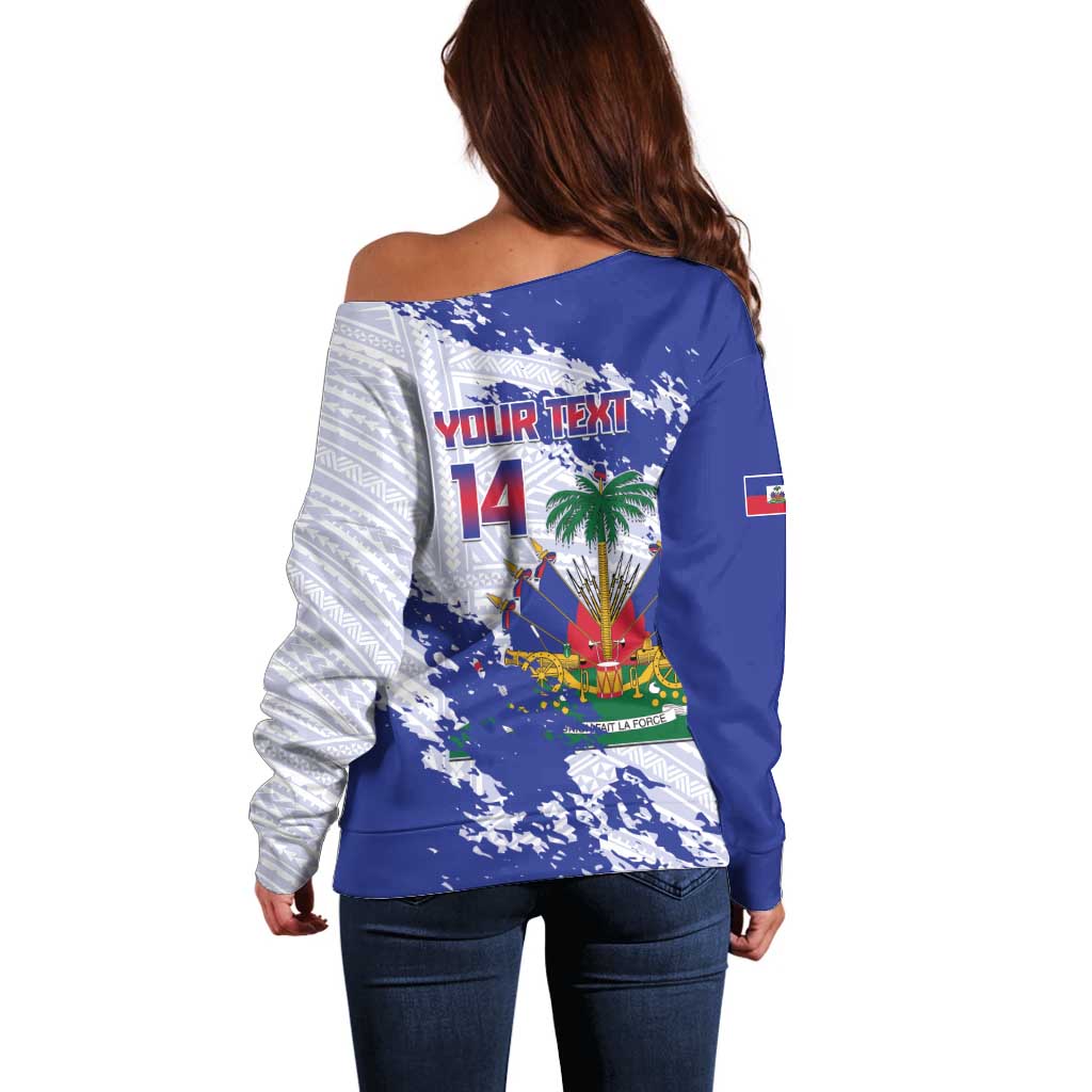 Custom Haiti Football Off Shoulder Sweater Les Grenadiers Blue Grunge Polynesian Tattoo - Wonder Print Shop