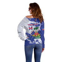 Custom Haiti Football Off Shoulder Sweater Les Grenadiers Blue Grunge Polynesian Tattoo - Wonder Print Shop