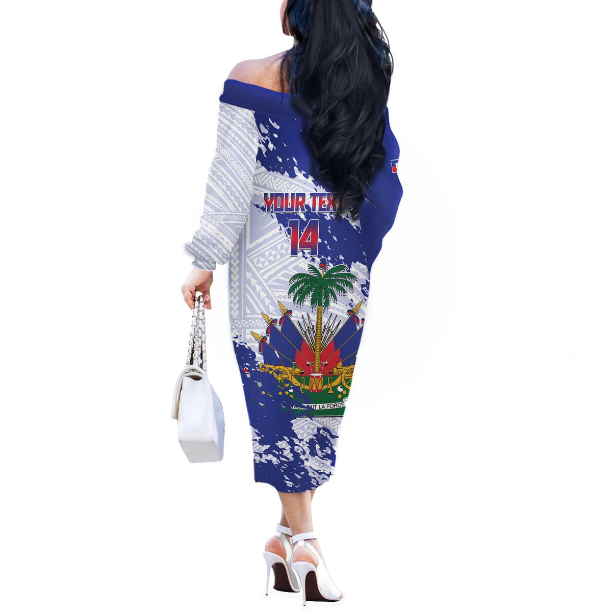 Custom Haiti Football Off The Shoulder Long Sleeve Dress Les Grenadiers Blue Grunge Polynesian Tattoo - Wonder Print Shop