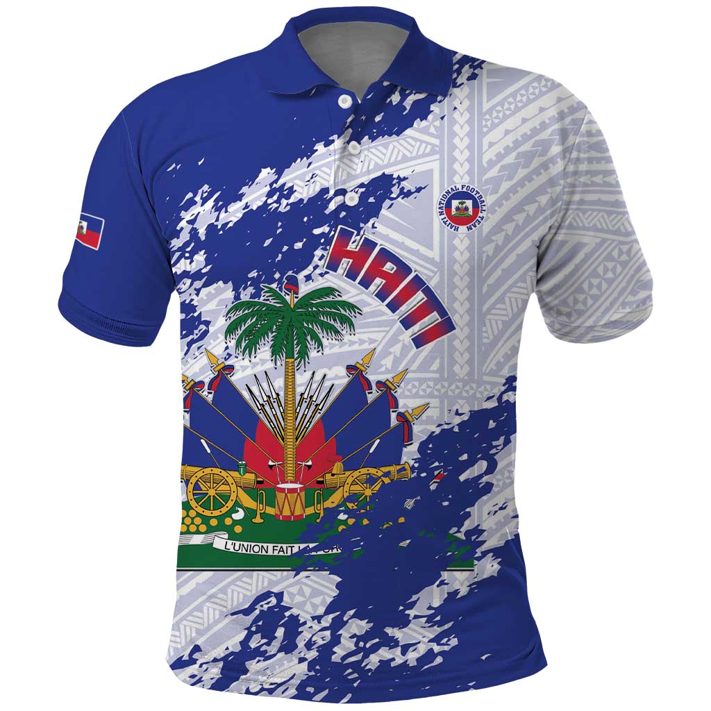 Custom Haiti Football Polo Shirt Les Grenadiers Blue Grunge Polynesian Tattoo - Wonder Print Shop